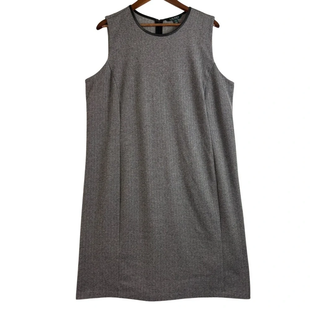 Lauren Ralph Lauren Women Gray Herringbone Sleeveless Dress Faux Leather Trim 2X